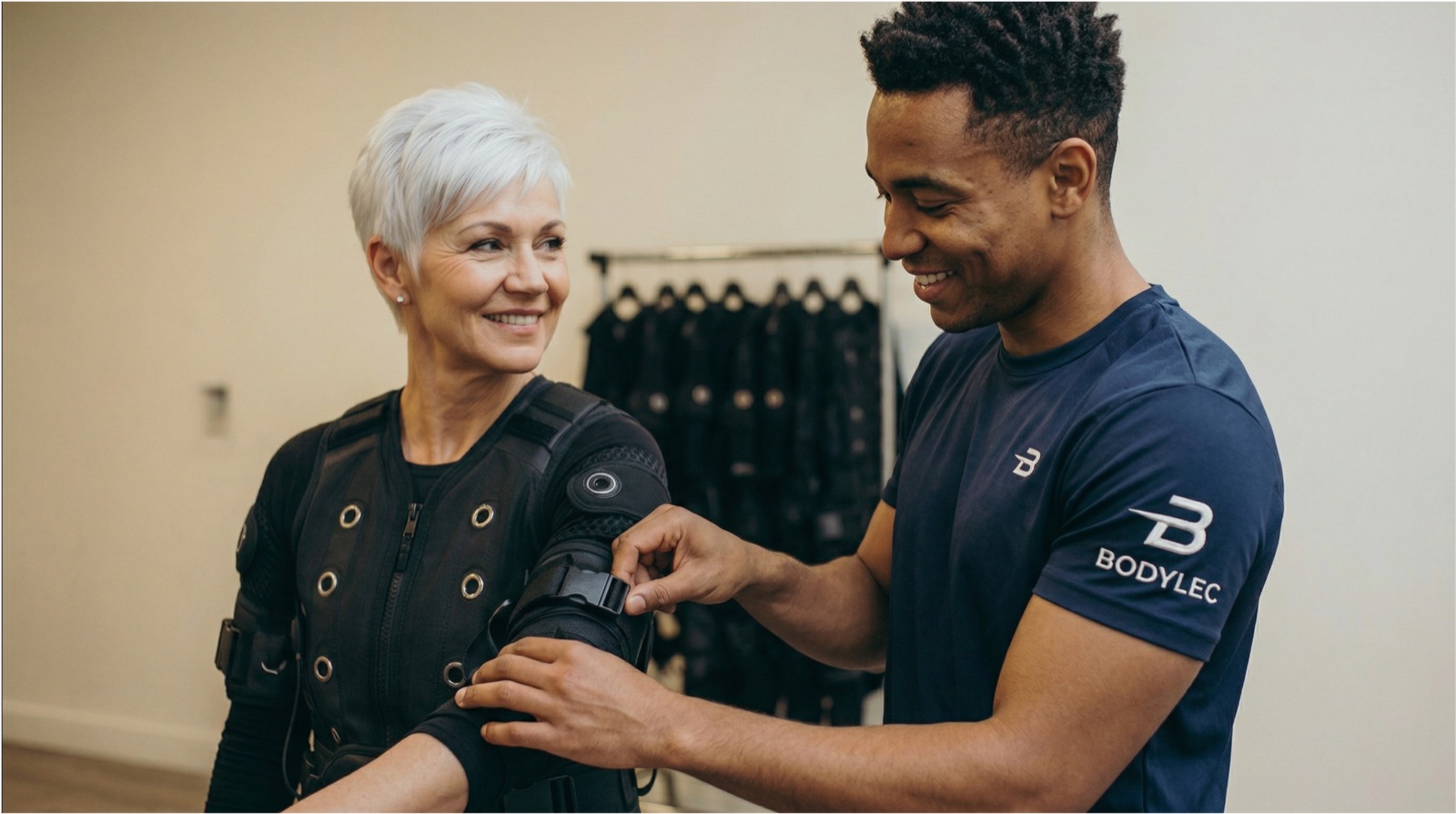 Coach BODYLEC ajustant la combinaison EMS sur une cliente